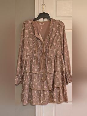 Tiered Floral Long-Sleeve Dress in Taupe with Pink Blossoms